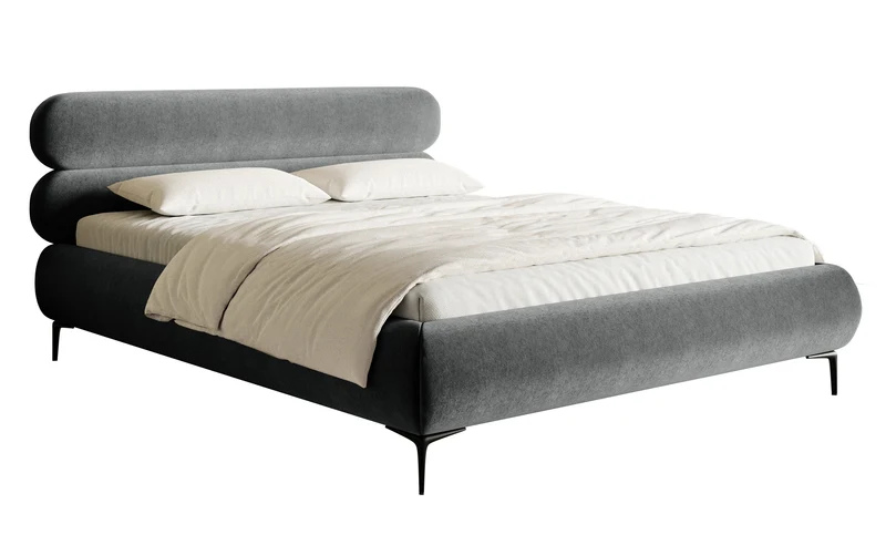 Gepolstertes Bett 160x200 cm Roule, grauer Velours, wasserabweisend, schwarze Beine