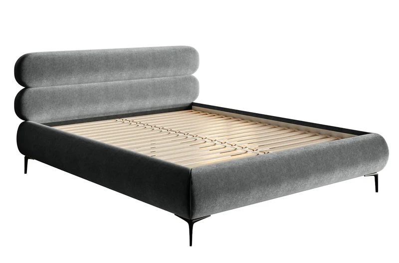 Gepolstertes Bett 160x200 cm Roule, grauer Velours, wasserabweisend, schwarze Beine