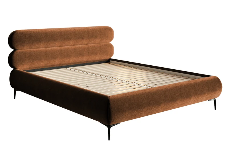 Gepolstertes Bett 160x200 cm Roule kupferfarbener Samt, wasserabweisend, schwarze Beine