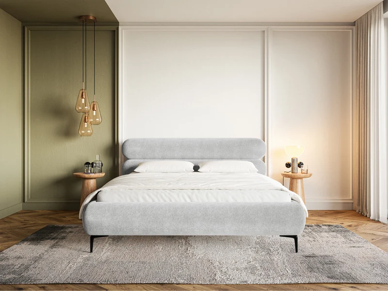Gepolstertes Bett 180x200 cm Roule mit Stauraum, Metallrahmen, hellgrauer hydrophober Samt, schwarze Beine