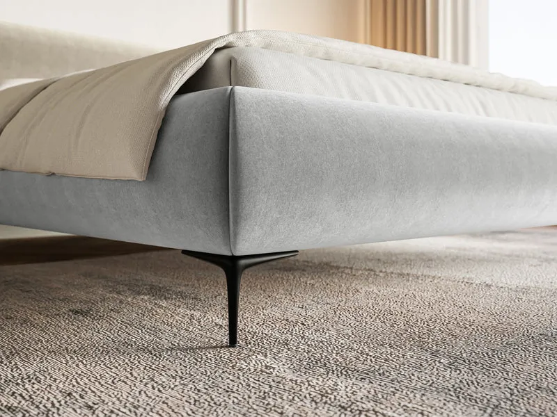 Gepolstertes Bett 180x200 cm Roule mit Stauraum, Metallrahmen, hellgrauer hydrophober Samt, schwarze Beine