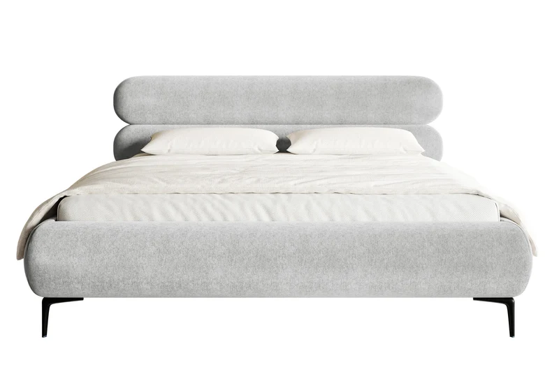 Gepolstertes Bett 180x200 cm Roule mit Stauraum, Metallrahmen, hellgrauer hydrophober Samt, schwarze Beine