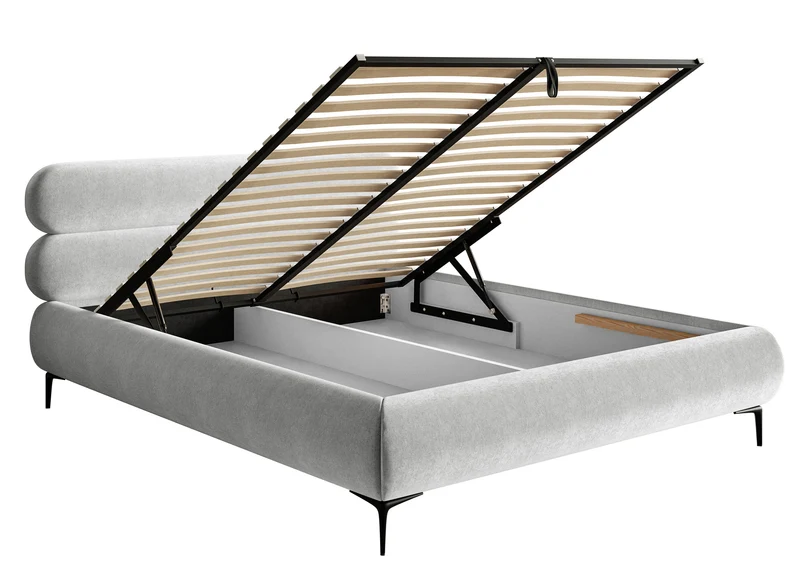 Gepolstertes Bett 180x200 cm Roule mit Stauraum, Metallrahmen, hellgrauer hydrophober Samt, schwarze Beine