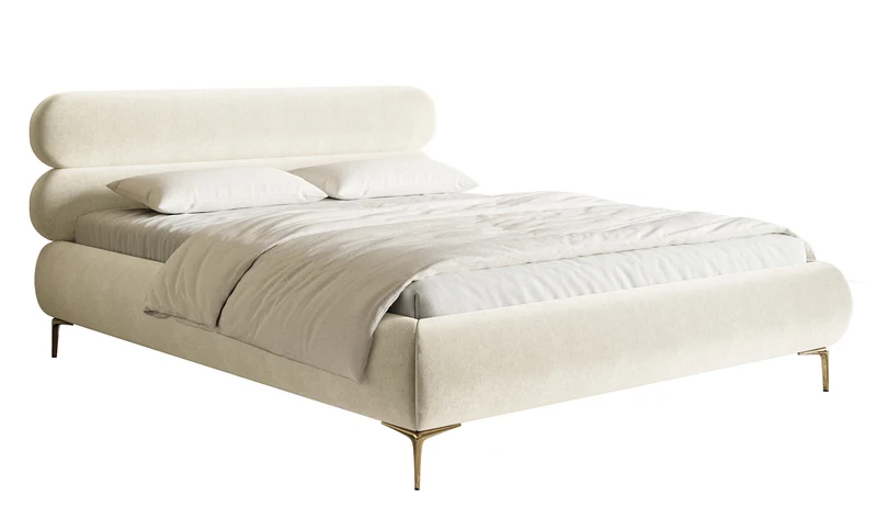 Polsterbett 180x200 cm Roule, cremefarbener Velours, wasserabweisend, goldene Beine