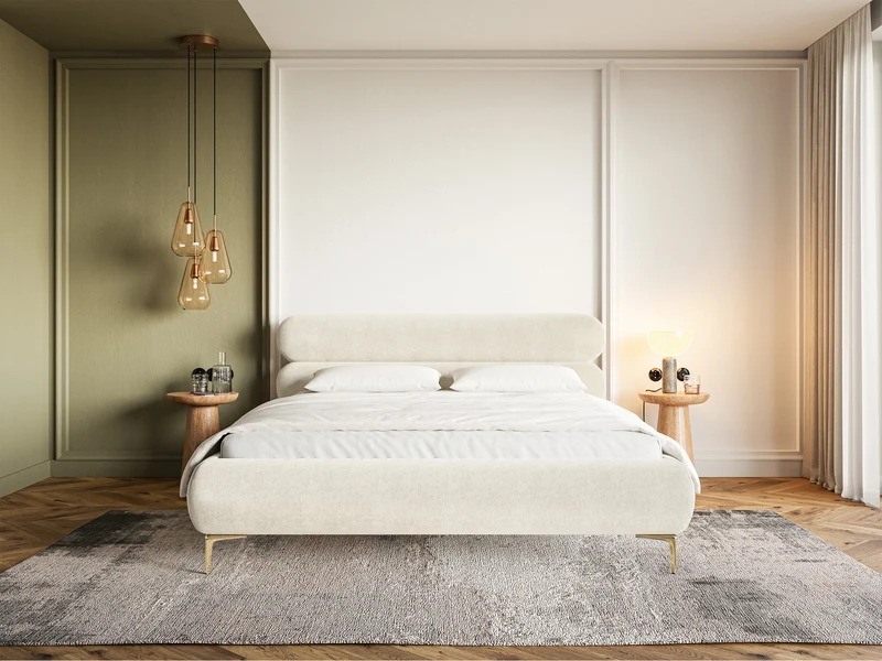 Polsterbett 180x200 cm Roule, cremefarbener Velours, wasserabweisend, goldene Beine