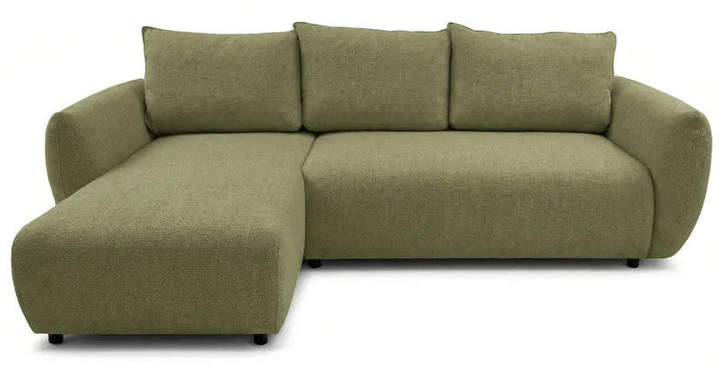 Ecksofa mit Schlafunktion Zordo, L-förmig, linksseitig, mit zwei Stauraumfächern, olivgrüner Chenille-Stoff
