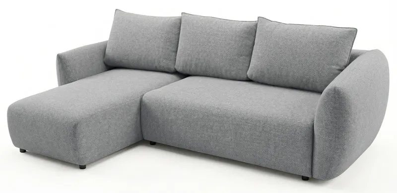 Ecksofa mit Schlaffunktion Zordo, L-förmig, linksseitig, mit zwei Stauraumfächern, grauer Chenille-Stoff