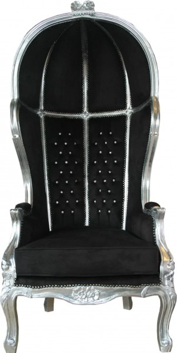Casa Padrino Barock Thron Sessel Victory Schwarz / Silber mit Glitzersteinen - 177 x 83 x 66 cm