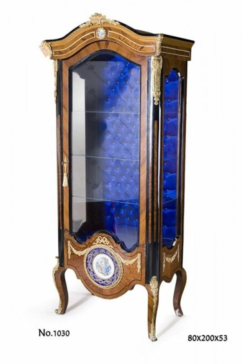 Casa Padrino Barock Vitrine - Luxus Wohnzimmerschrank in Dunkelbraun, Schwarz, Blau und Messing - 80 x 53 x H. 200 cm