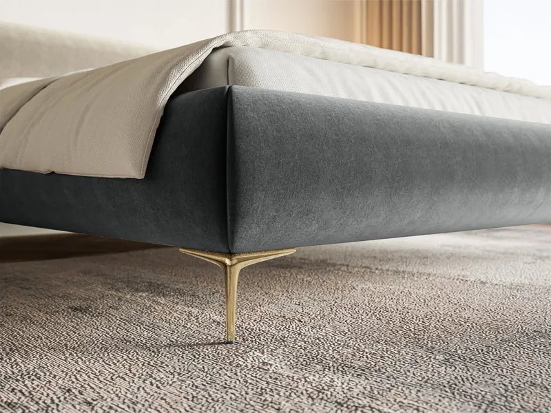 Gepolstertes Bett 180x200 cm Roule mit Stauraum, Metallrahmen, grauer hydrophober Samt, goldene Beine