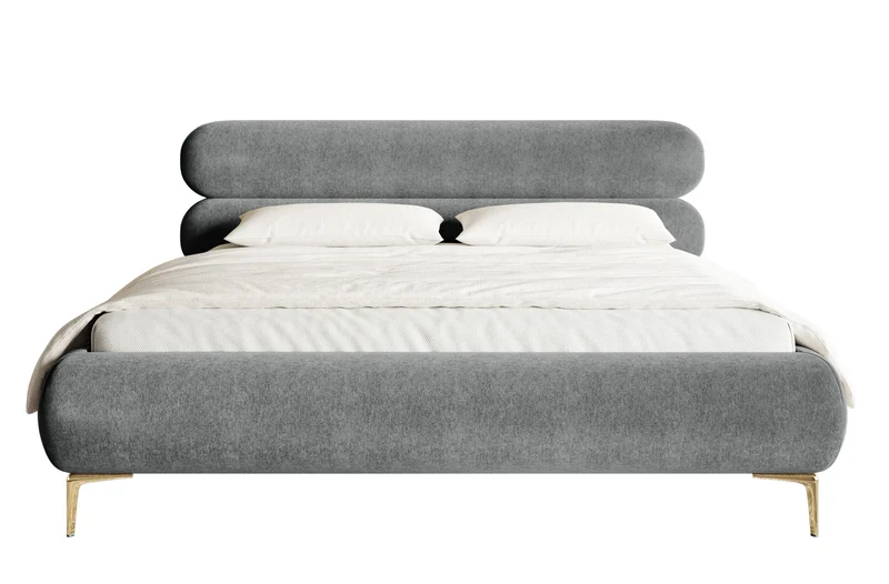 Gepolstertes Bett 180x200 cm Roule mit Stauraum, Metallrahmen, grauer hydrophober Samt, goldene Beine