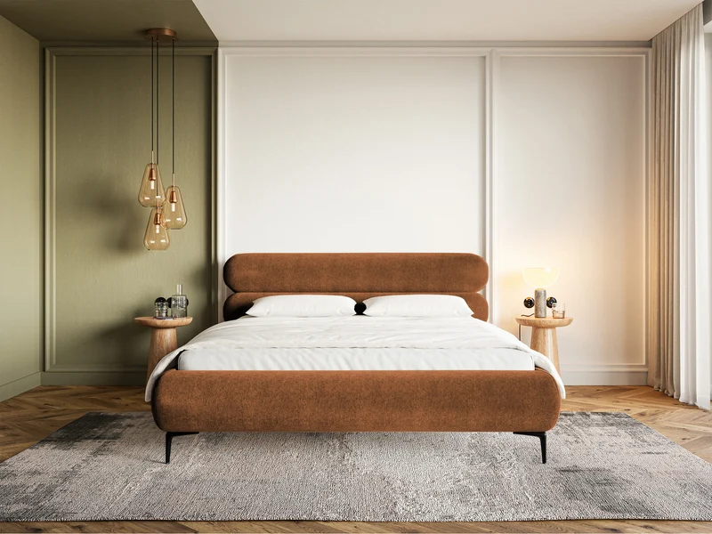 Polsterbett 140x200 cm Roule mit Stauraum, Metallrahmen, kupferfarbener Samt, wasserabweisend, schwarze Beine