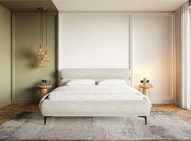 Polsterbett 140x200 cm Roule in grau-beigem Chenille mit schwarzen Füßen