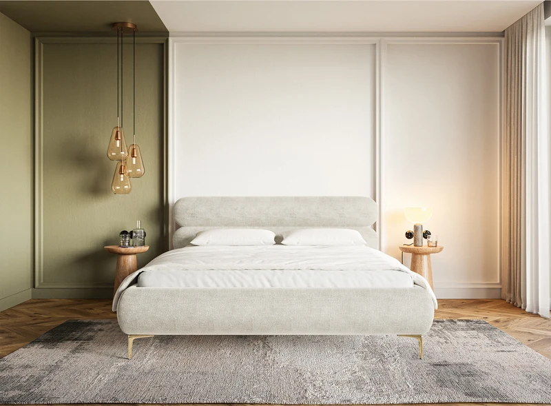 Polsterbett 180x200 cm Roule in grau-beigem Chenille mit goldenen Füßen