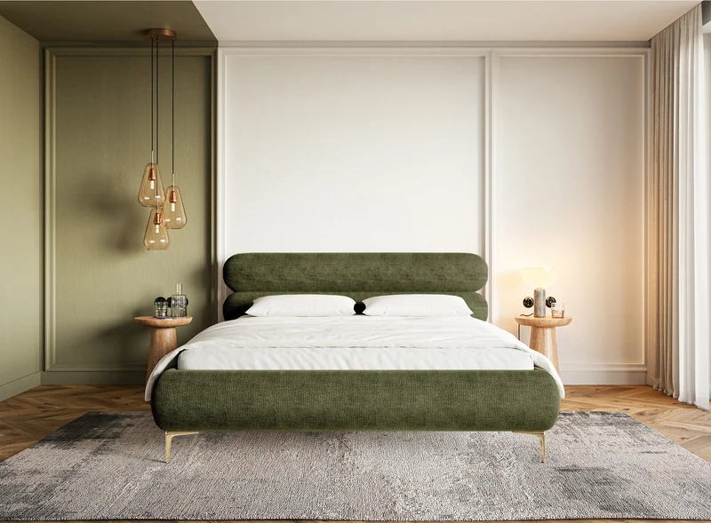 Polsterbett 140x200 cm Roule, olivgrüner Chenille-Stoff, goldene Beine
