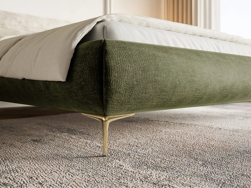 Polsterbett 140x200 cm Roule, olivgrüner Chenille-Stoff, goldene Beine