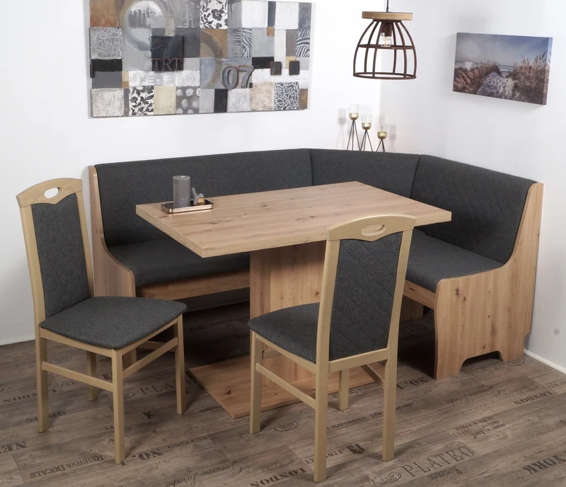 Eckbank Eckbankgruppe BREMEN mit Säulentisch Artisan Eiche - Stoff Grau