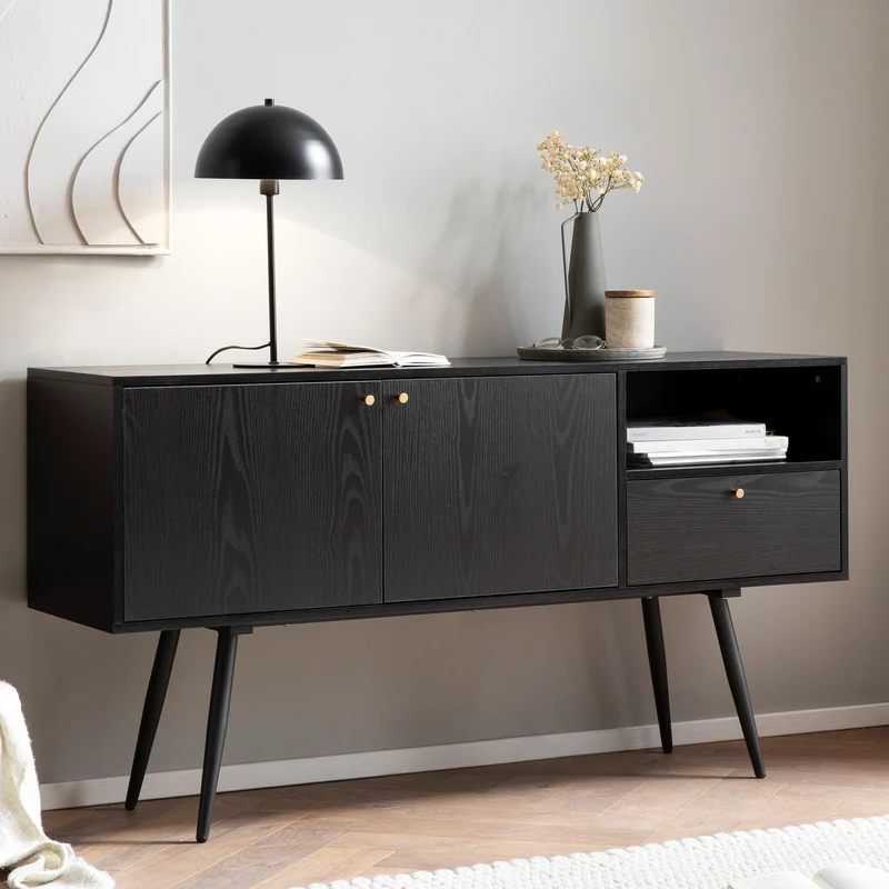 Sideboard 140x75x40cm Schwarz Eiche-Dekor 2 Türen Schublade Fach