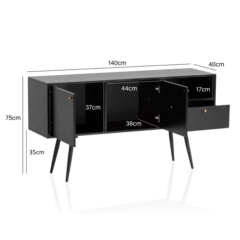Sideboard 140x75x40cm Schwarz Eiche-Dekor 2 Türen Schublade Fach