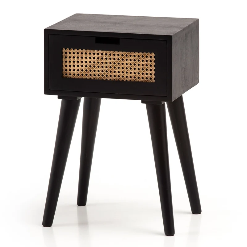 Nachtkonsole Mango Rattan 40x60x30cm Schwarz mit Schublade Stauraum