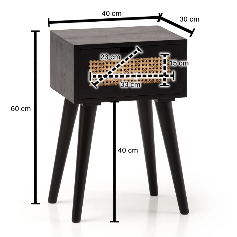 Nachtkonsole Mango Rattan 40x60x30cm Schwarz mit Schublade Stauraum