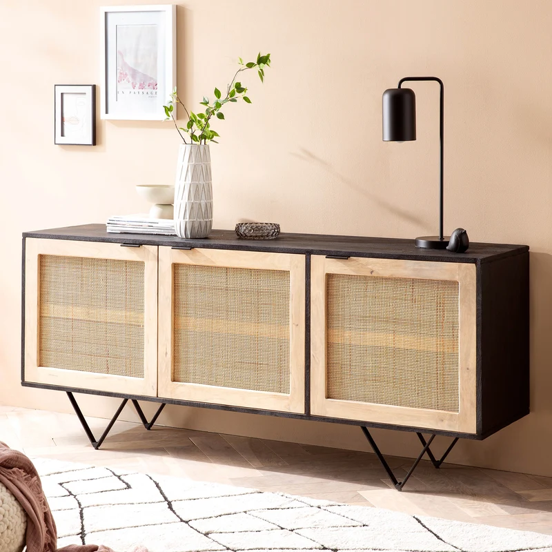 Sideboard Mango Rattan 175x75x45cm 3 Türen Schwarz Braun Wohnzimmer