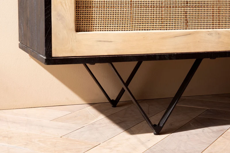 Sideboard Mango Rattan 175x75x45cm 3 Türen Schwarz Braun Wohnzimmer