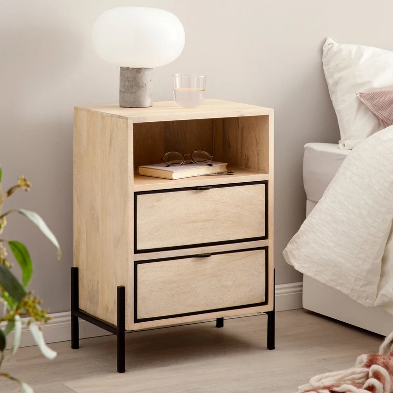 Nachttisch Mango Massivholz Metall 2 Schubladen Braun 43x60x30cm