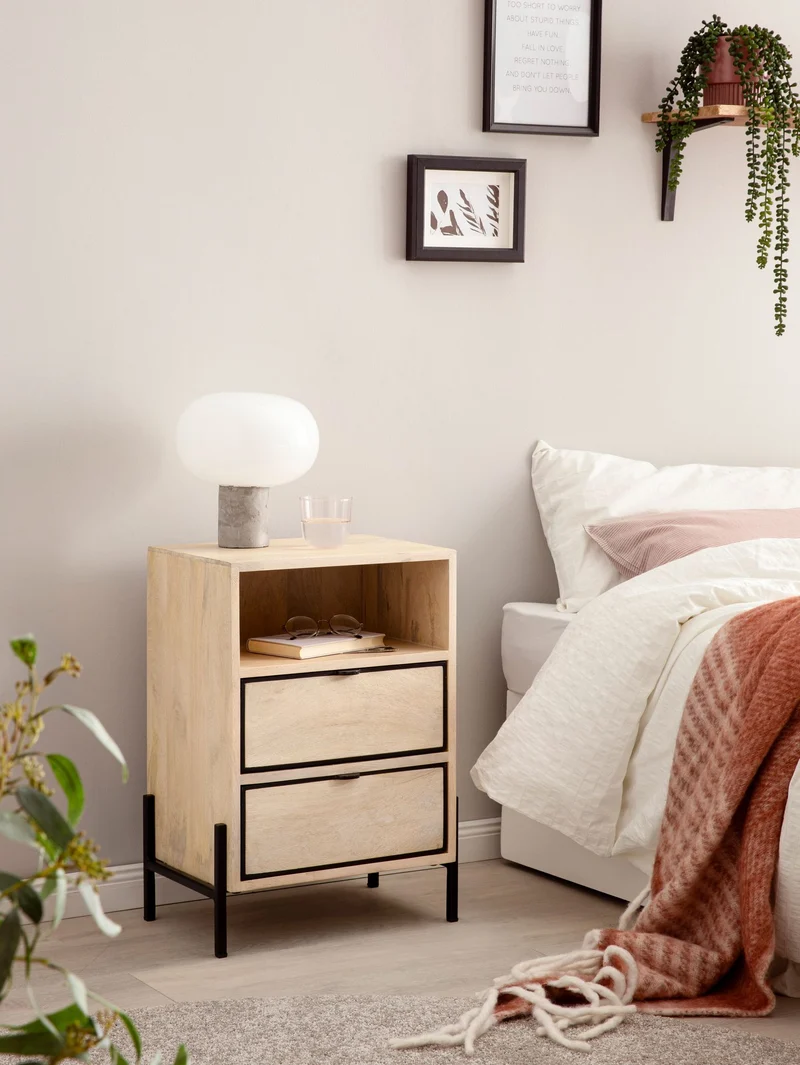Nachttisch Mango Massivholz Metall 2 Schubladen Braun 43x60x30cm