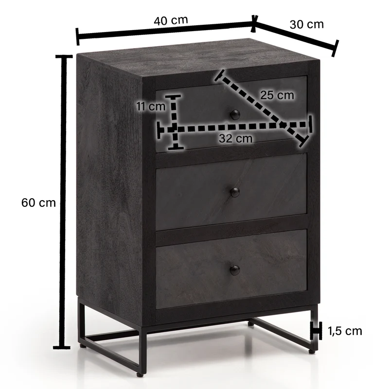 Nachttisch Mango Massivholz Steinoptik 3 Schubladen Schwarz Metallgestell