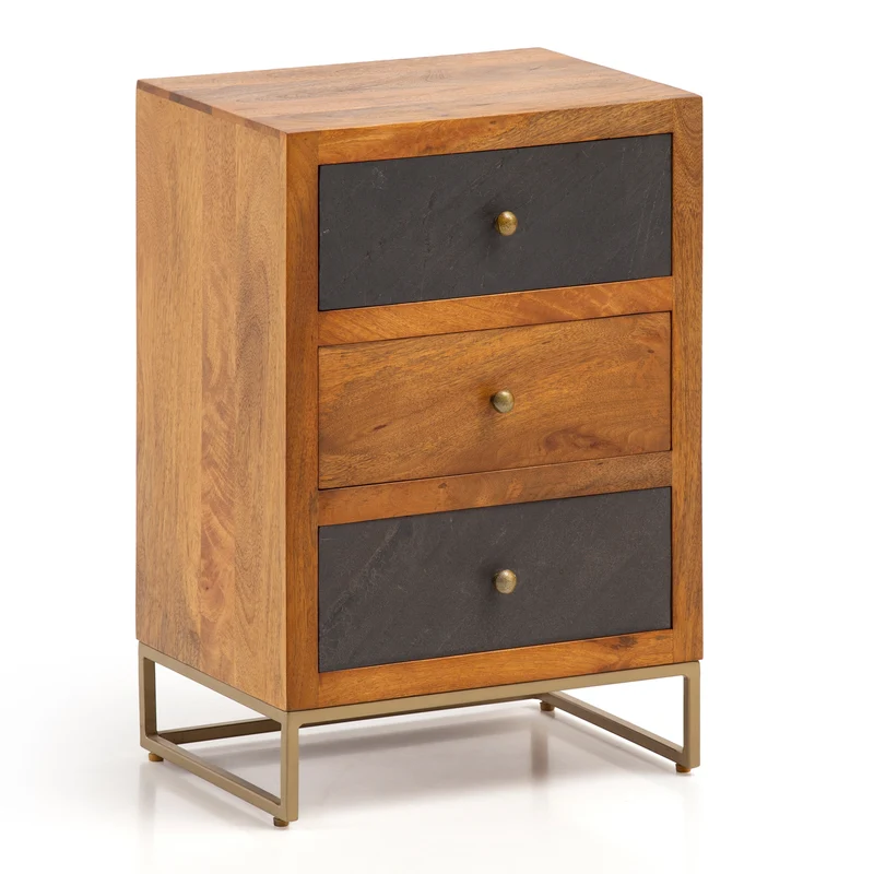 Nachttisch Mango Massivholz 3 Schubladen Braun Metallgestell 40x60x30cm