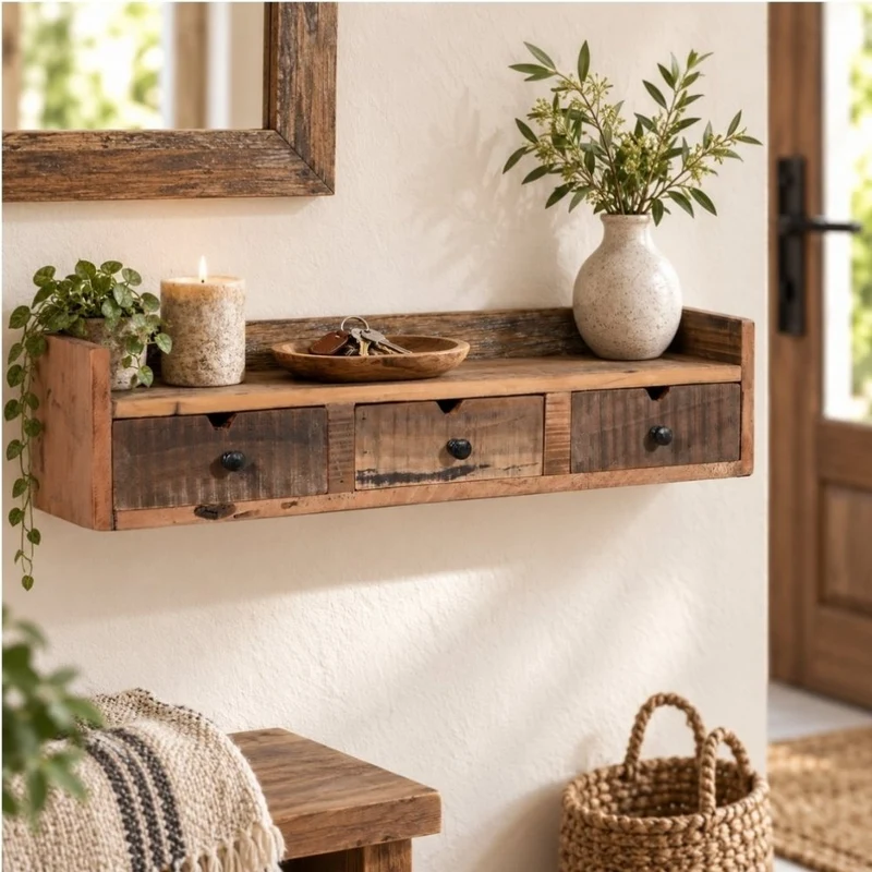 Wandregal TEEN Altholz 65cm Rustikal 3 Schubladen Unikat Regal
