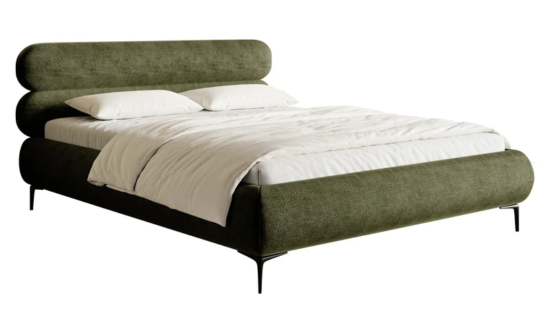 Polsterbett 160x200 cm Roule mit Stauraum, Metallrahmen, olivgrüner Chenille-Stoff, schwarze Beine