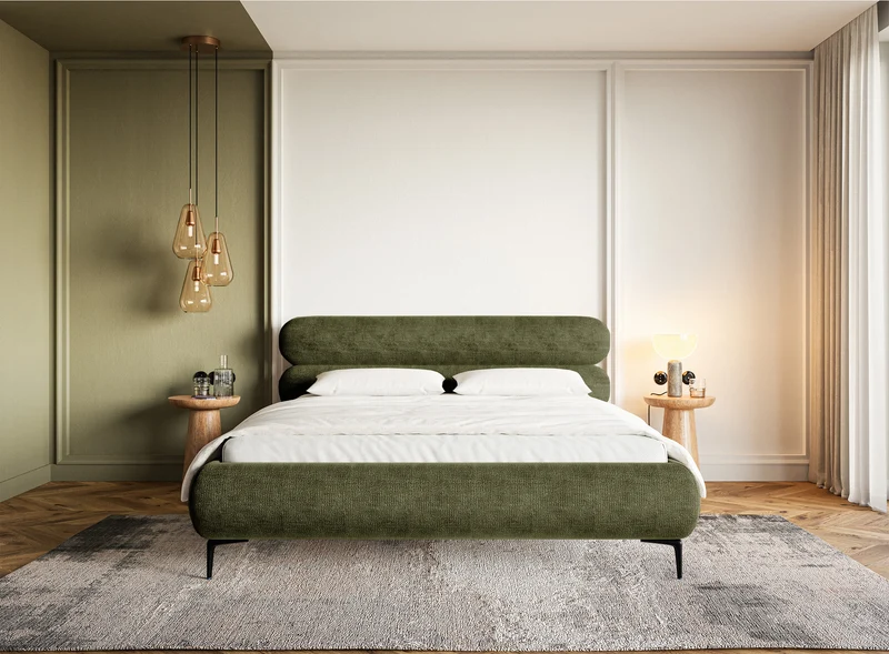 Polsterbett 160x200 cm Roule mit Stauraum, Metallrahmen, olivgrüner Chenille-Stoff, schwarze Beine