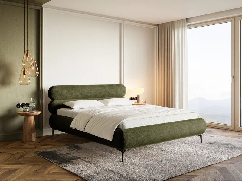 Polsterbett 160x200 cm Roule mit Stauraum, Metallrahmen, olivgrüner Chenille-Stoff, schwarze Beine