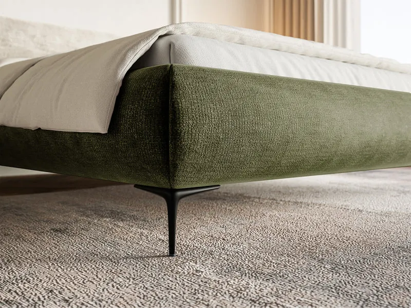 Polsterbett 160x200 cm Roule mit Stauraum, Metallrahmen, olivgrüner Chenille-Stoff, schwarze Beine