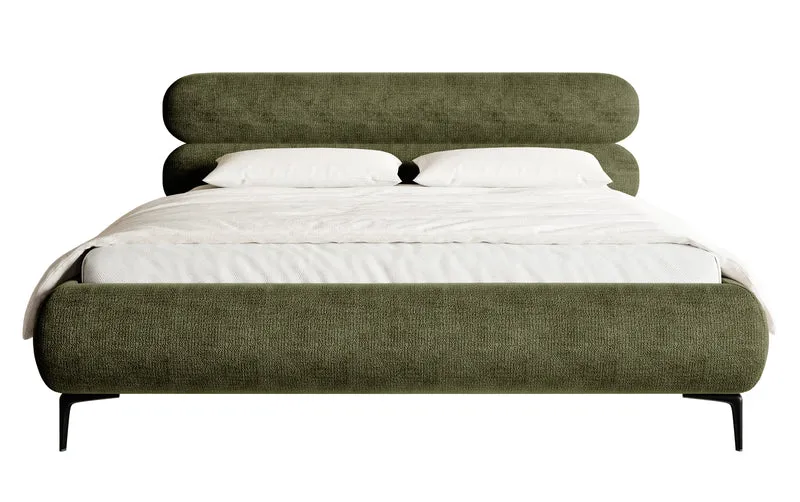 Polsterbett 160x200 cm Roule mit Stauraum, Metallrahmen, olivgrüner Chenille-Stoff, schwarze Beine