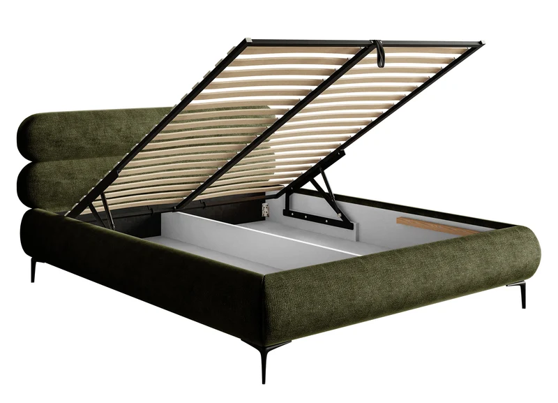 Polsterbett 160x200 cm Roule mit Stauraum, Metallrahmen, olivgrüner Chenille-Stoff, schwarze Beine