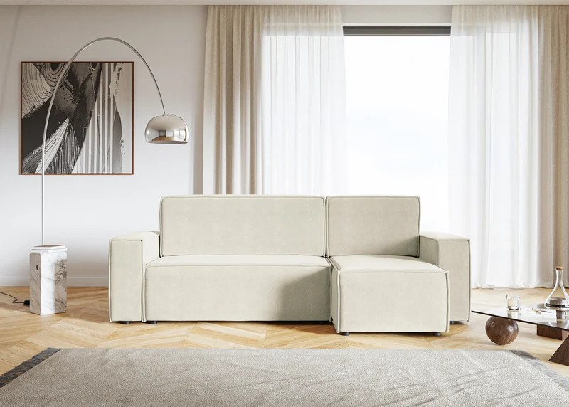 Ecksofa mit Schlaffunktion Copertino, L-förmig, mit Stauraum, universell, cremefarben, wasserabweisender Samt