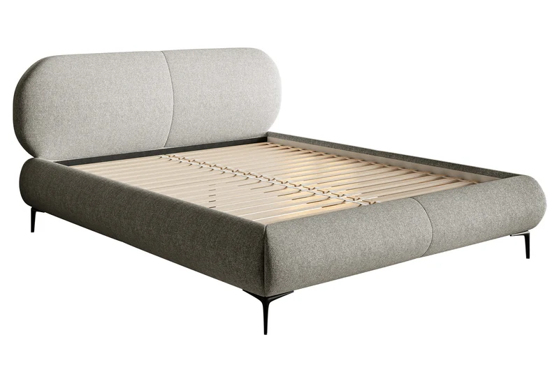 Gepolstertes Bett 160x200 cm Ovalle, grau, wasserabweisendes Geflecht, schwarze Beine