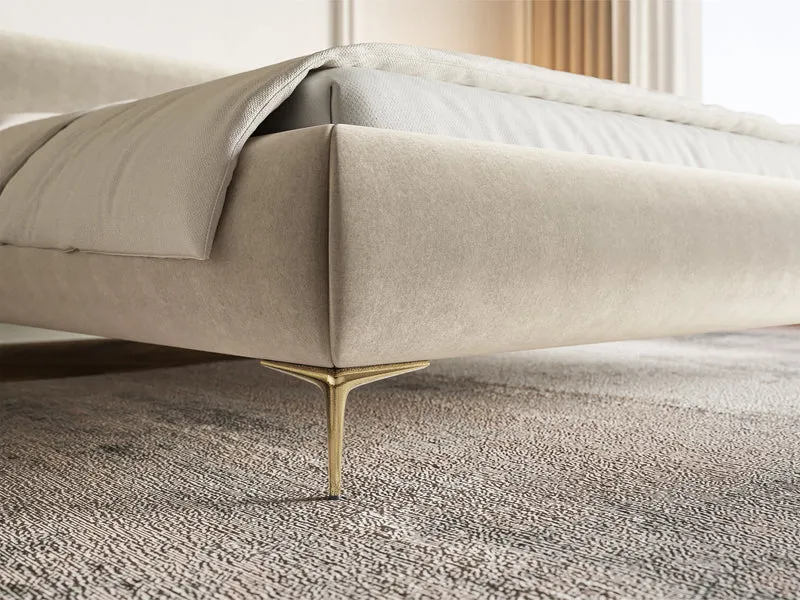 Polsterbett 160x200 cm Roule hellbeige Velours, wasserabweisend, goldene Beine