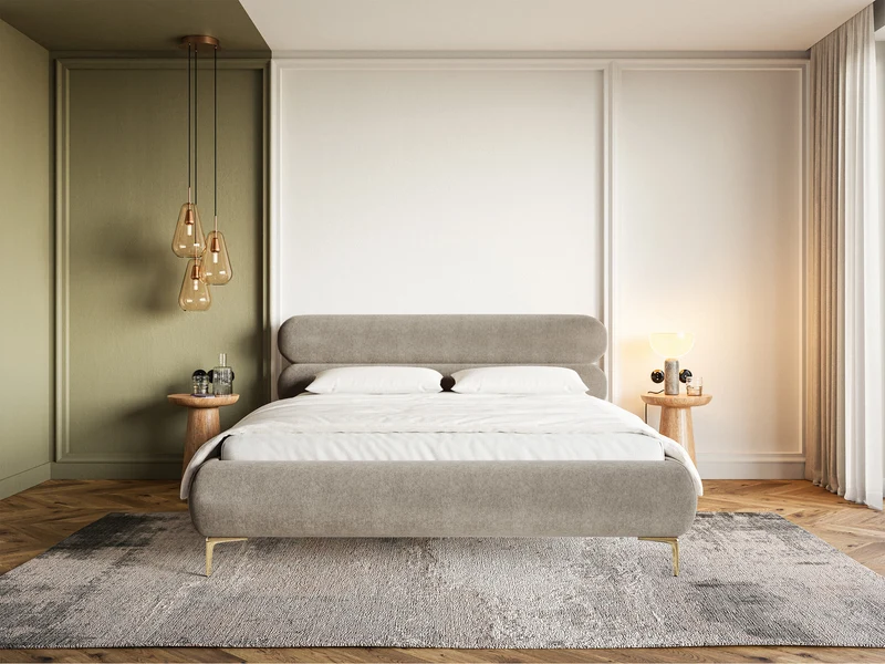 Gepolstertes Bett 160x200 cm Roule in grau-beigem, hydrophobem Samt mit goldenen Füßen