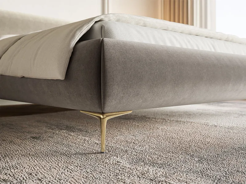 Gepolstertes Bett 160x200 cm Roule in grau-beigem, hydrophobem Samt mit goldenen Füßen