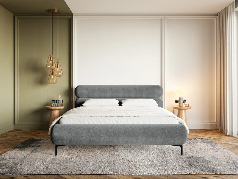 Gepolstertes Bett 160x200 cm Roule mit Stauraum, Metallrahmen, grauer wasserabweisender Samt, schwarze Beine
