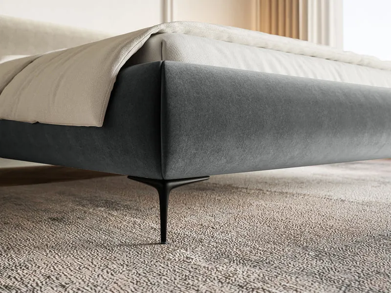 Gepolstertes Bett 160x200 cm Roule mit Stauraum, Metallrahmen, grauer wasserabweisender Samt, schwarze Beine