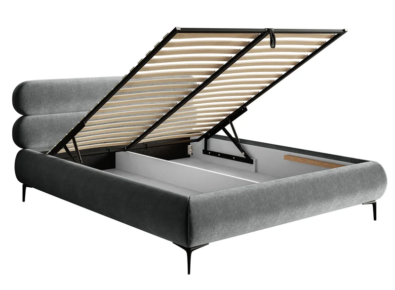 Gepolstertes Bett 160x200 cm Roule mit Stauraum, Metallrahmen, grauer wasserabweisender Samt, schwarze Beine