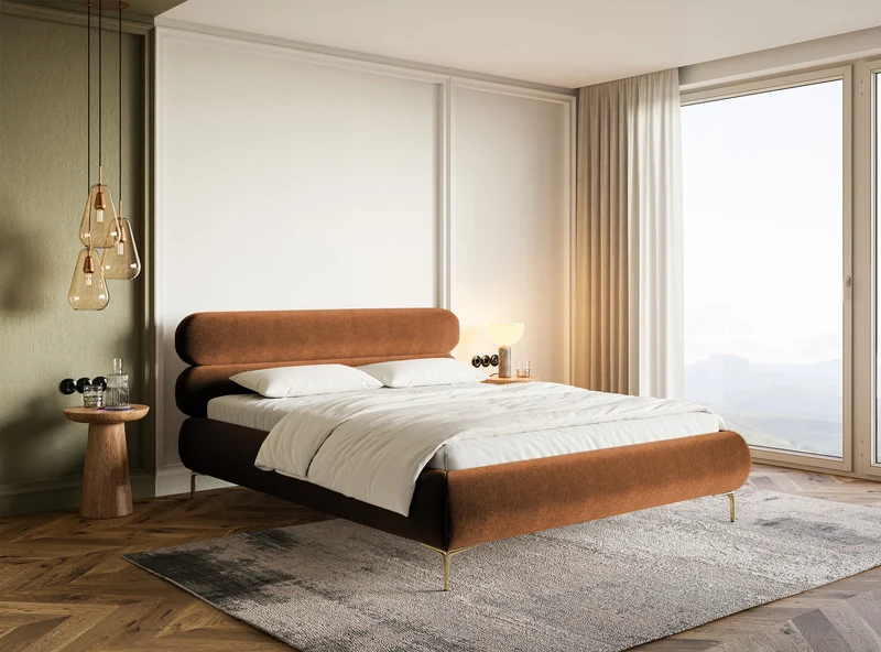 Gepolstertes Bett 180x200 cm Roule kupferfarbener Samt, wasserabweisend, goldene Beine