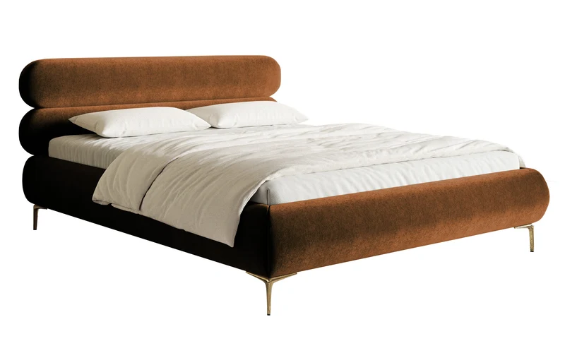 Gepolstertes Bett 180x200 cm Roule kupferfarbener Samt, wasserabweisend, goldene Beine