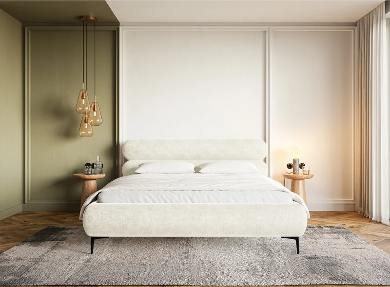 Polsterbett 160x200 cm Roule, cremefarbener Chenille-Stoff, schwarze Füße