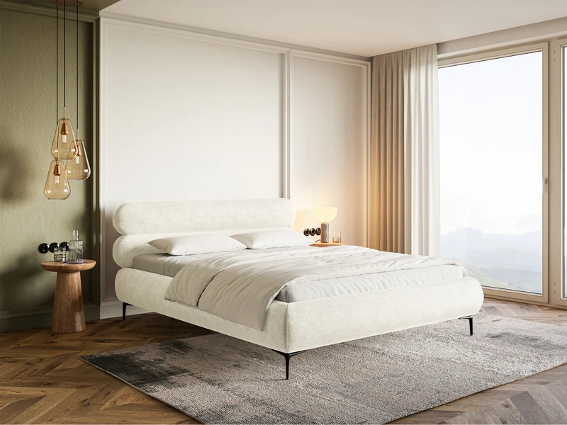Polsterbett 160x200 cm Roule, cremefarbener Chenille-Stoff, schwarze Füße